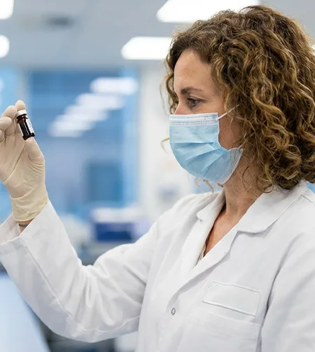 Research scientist wearing a lab coat, standing in a modern laboratory