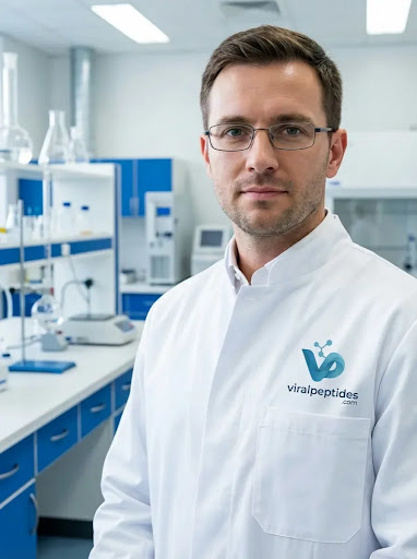 Researchers discussing peptide science in a laboratory setting